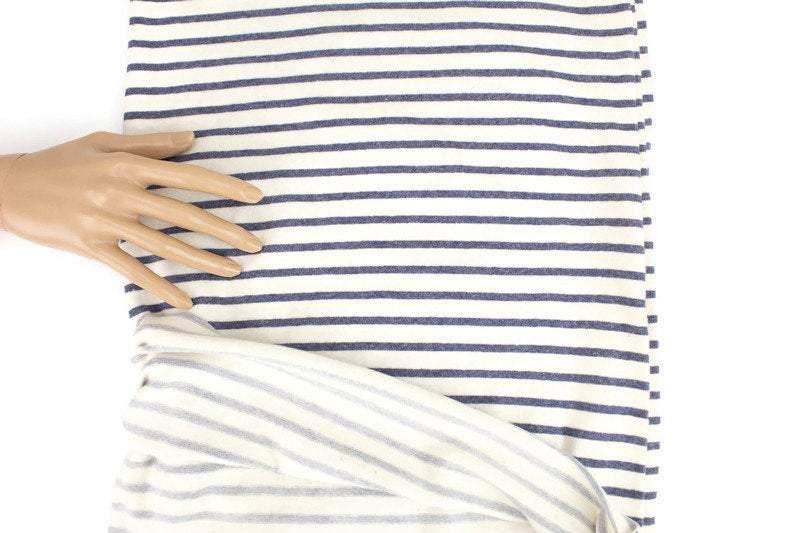 Cream and Heather Dark Blue Narrow Stripe Cotton Blend Sweater Knit Fabric by the yard - Felinus Fabrics