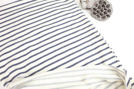 Cream and Heather Dark Blue Narrow Stripe Cotton Blend Sweater Knit Fabric by the yard - Felinus Fabrics
