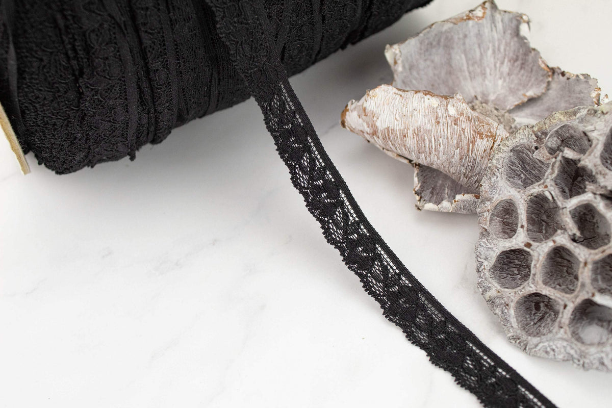 Black Narrow Stretch Lace Trim 11/16 inch width x 5 yards - Felinus Fabrics
