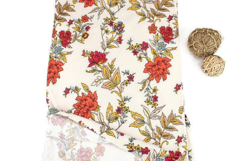 Red and Orange on Light Beige Rib Knit Jersey Fabric by the yard - Felinus Fabrics