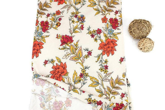 Red and Orange on Light Beige Rib Knit Jersey Fabric by the yard - Felinus Fabrics