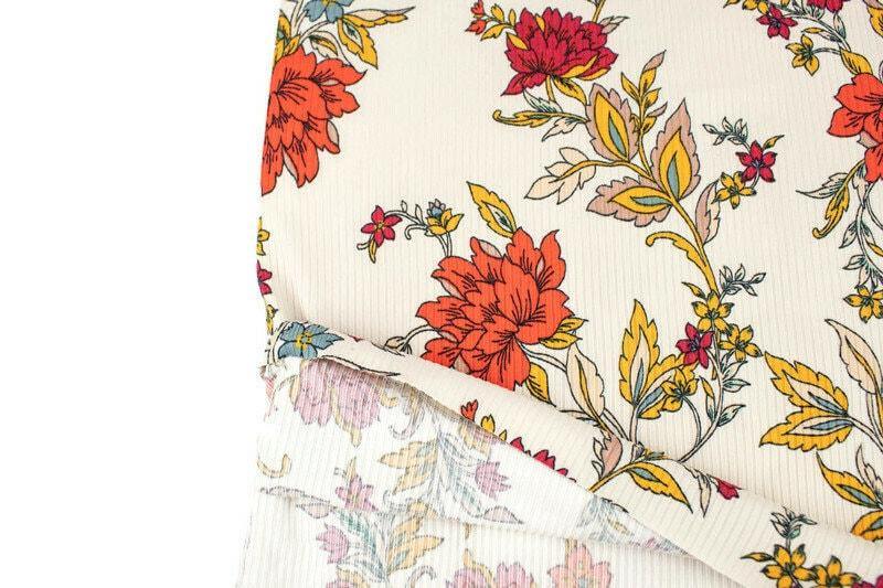 Red and Orange on Light Beige Rib Knit Jersey Fabric by the yard - Felinus Fabrics