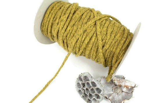 Heather Mustard Yellow Brushed Rib Sweater Knit Trim Spaghetti Straps Hollow Tube Tubular Trim 5 yards - Felinus Fabrics
