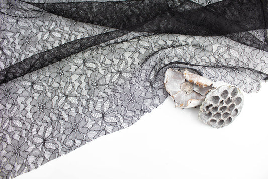 Black Floral Vintage Lace Fabric by the yard - Felinus Fabrics