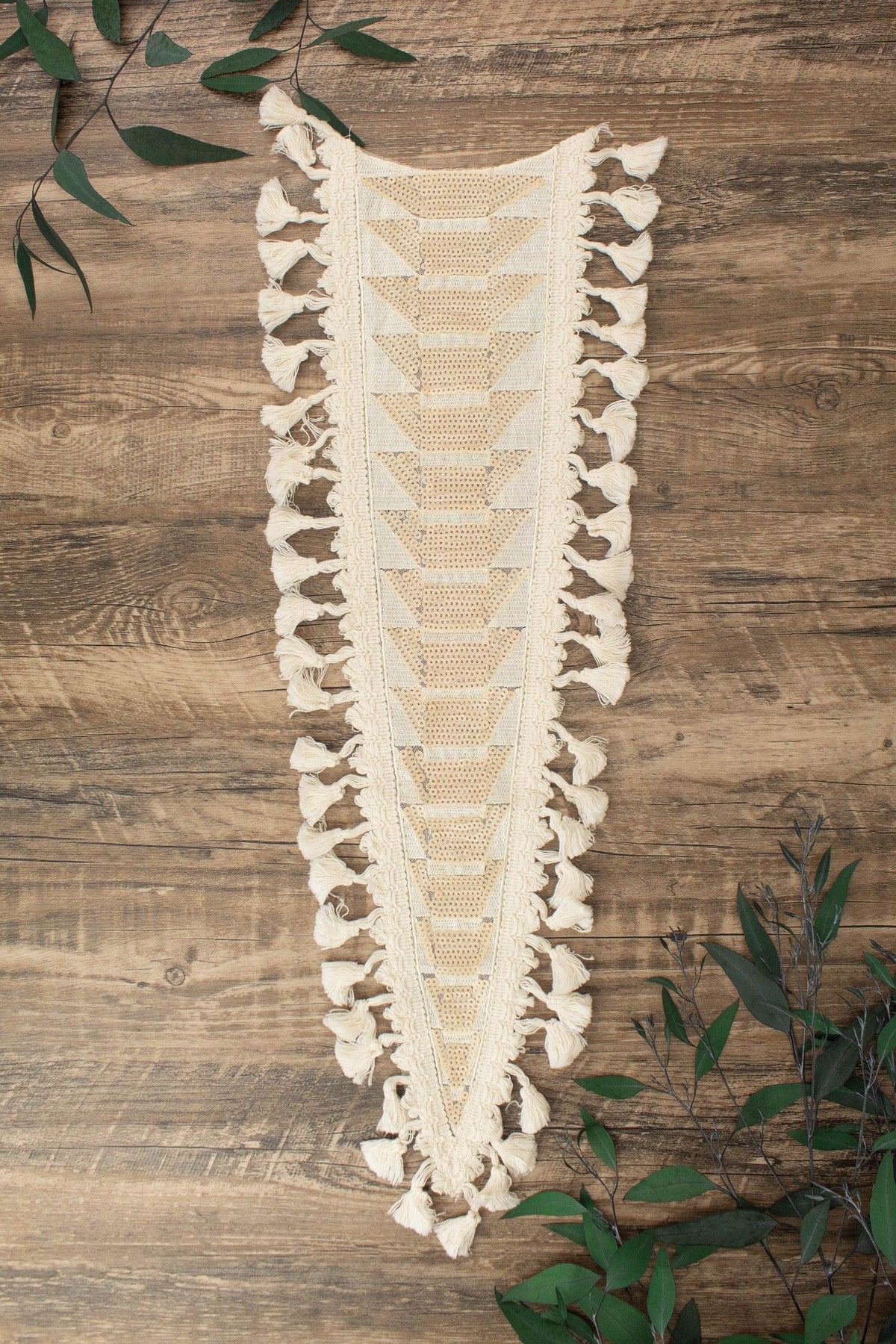 Ecru Sequined Long V Shape Cotton Applique with Tassel Trim - Felinus Fabrics