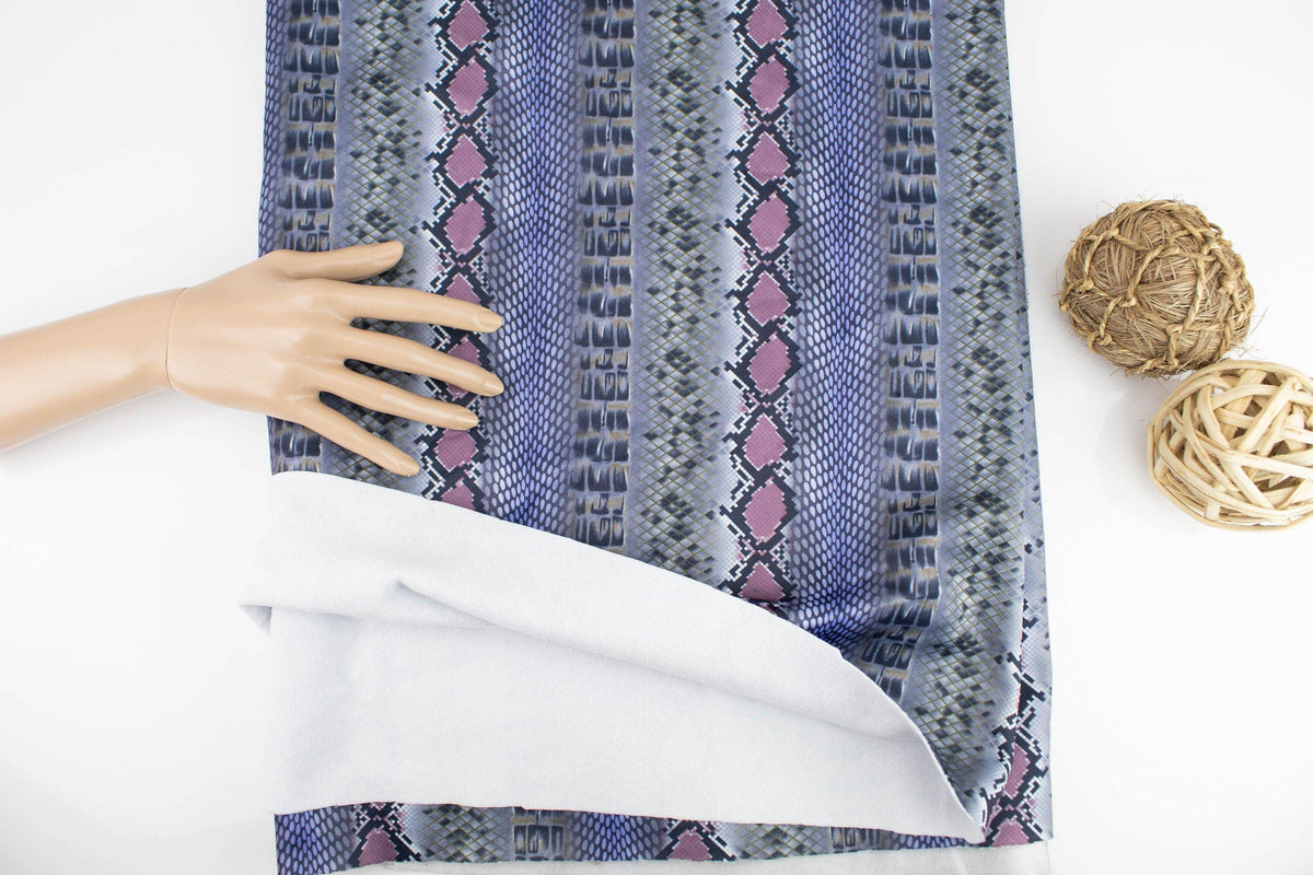 Blue Purple Digital Snake Print Polyester Knit with Fleece Back Fabric by the yard - Felinus Fabrics