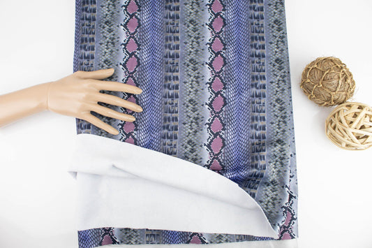 Blue Purple Digital Snake Print Polyester Knit with Fleece Back Fabric by the yard - Felinus Fabrics