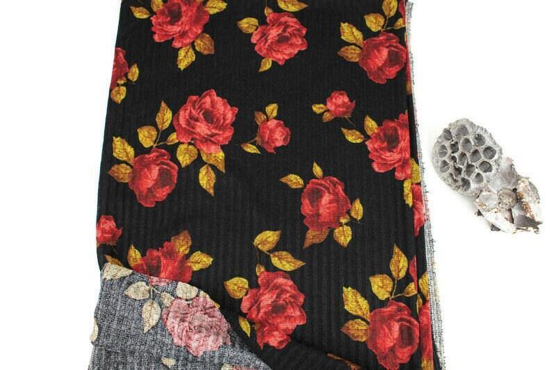 Red and Black Rose Flora Print Rib Sweater Knit Fabric by the yard - Felinus Fabrics