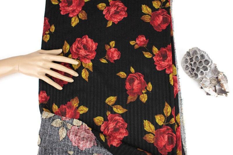 Red and Black Rose Flora Print Rib Sweater Knit Fabric by the yard - Felinus Fabrics