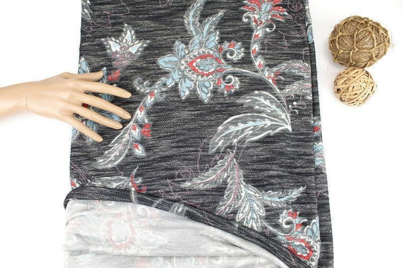 Heather Black Red and Blue Floral Baby French Terry Knit Fabric by the yard - Felinus Fabrics