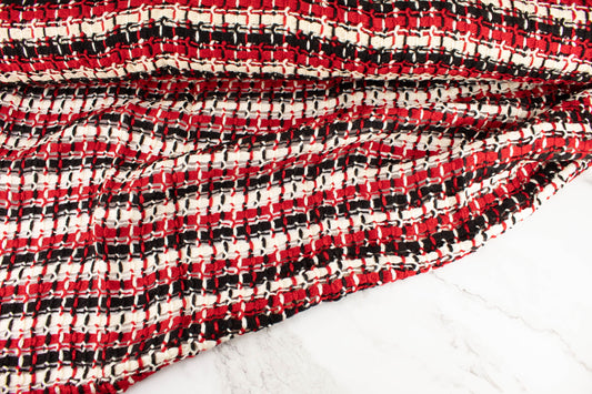 Red Cream and Black Loosely Woven Plaid Designer Fabric by the yard