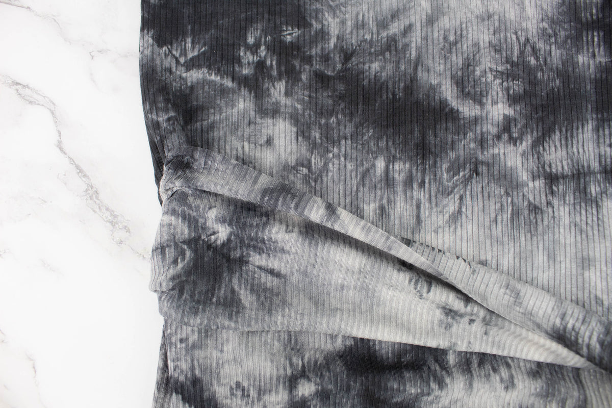 Gray Tie Dye Print Rib Knit Fabric by the yard
