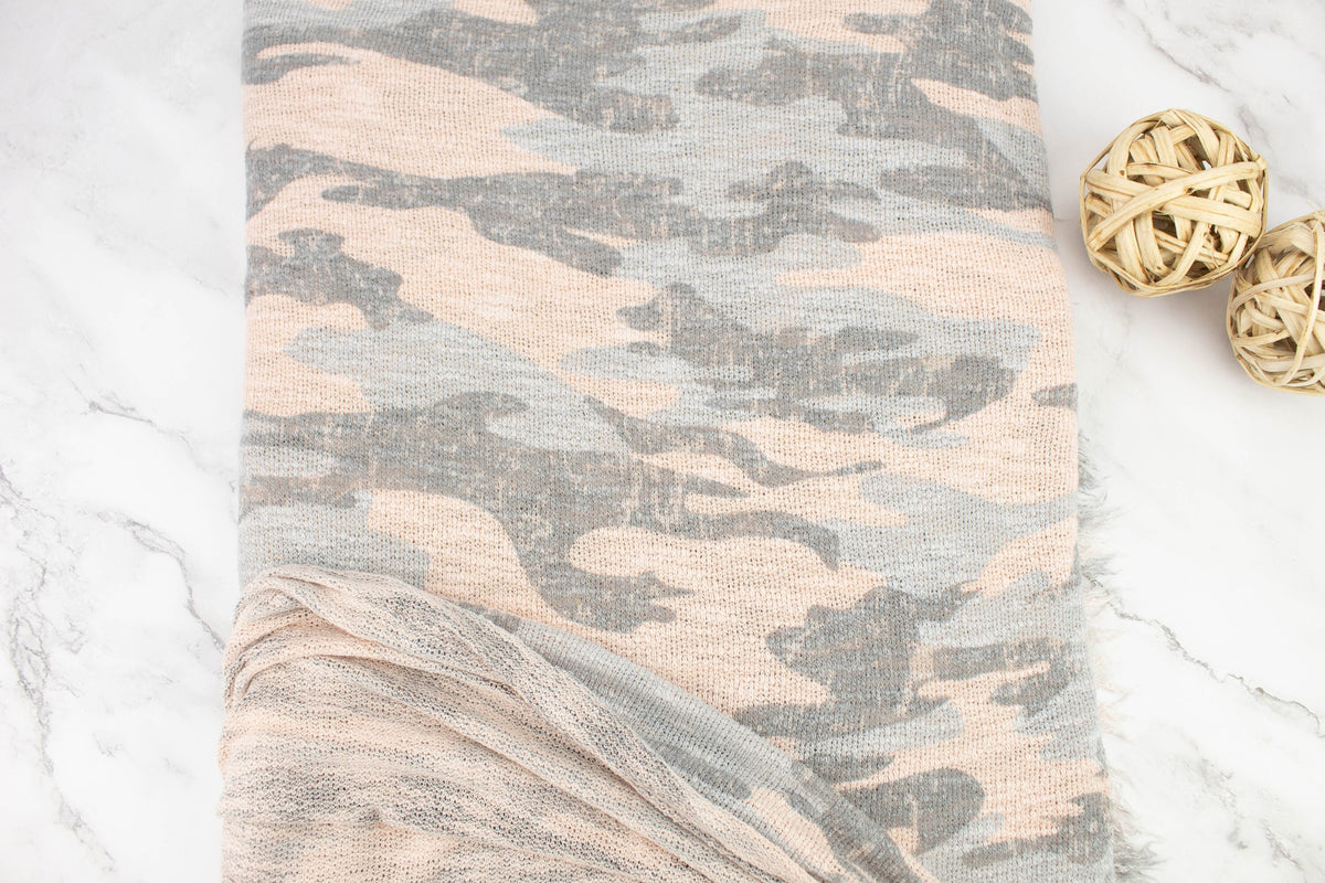 Light Peach Pink and Gray Camouflage Open Weave Sweater Knit Fabric 3 yards