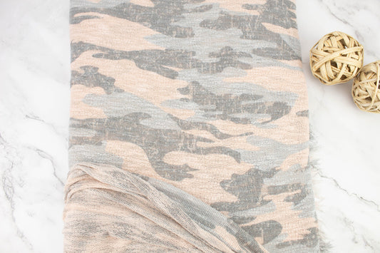 Light Peach Pink and Gray Camouflage Open Weave Sweater Knit Fabric 3 yards