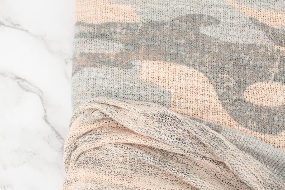 Light Peach Pink and Gray Camouflage Open Weave Sweater Knit Fabric 3 yards