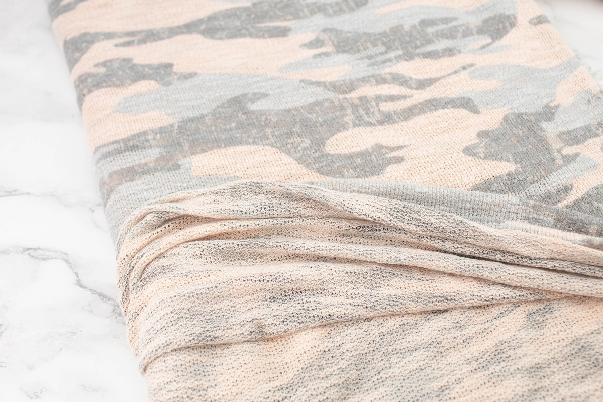 Light Peach Pink and Gray Camouflage Open Weave Sweater Knit Fabric 3 yards