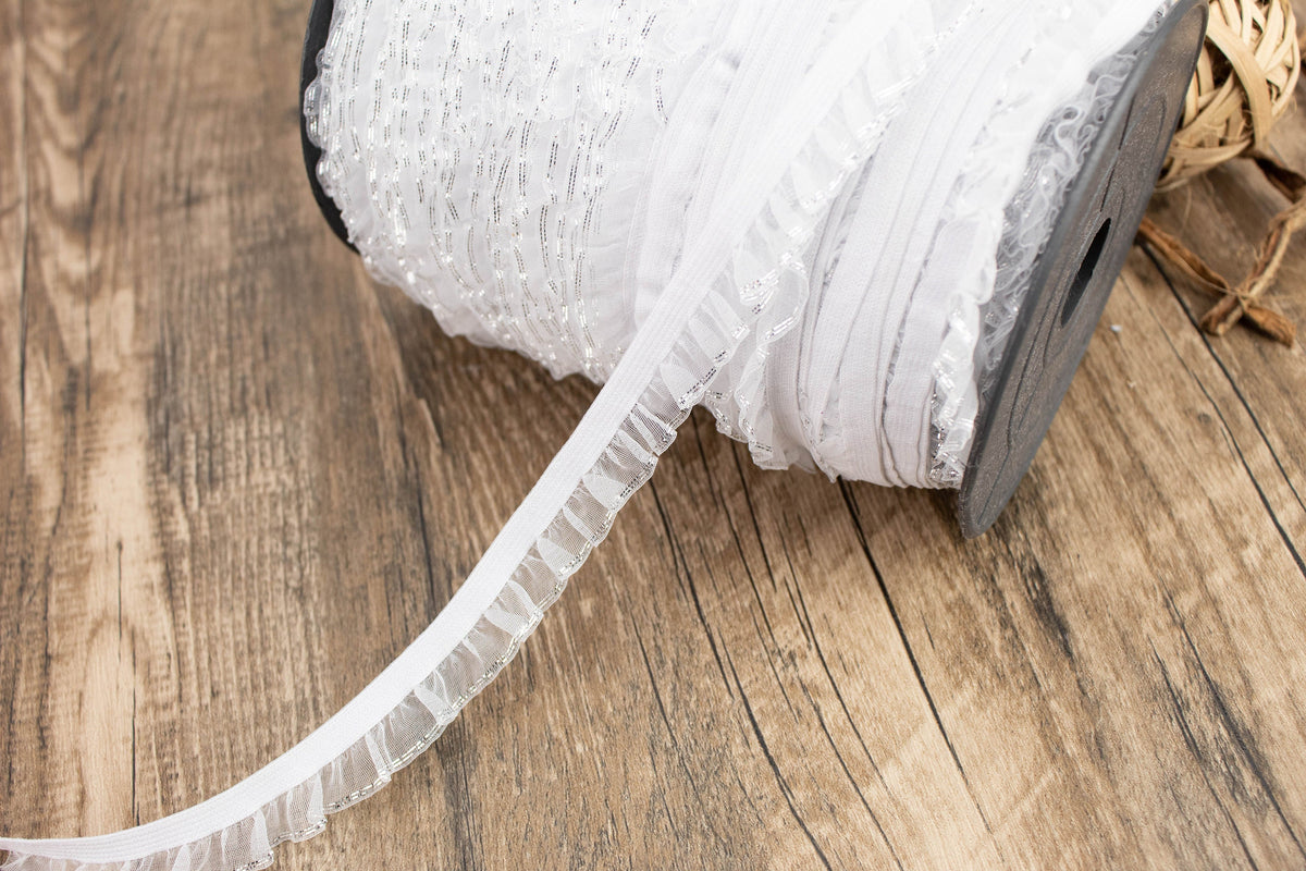White and Metallic Silver Ruffle Elastic Trim 10 yards