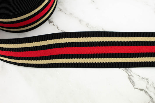 Black Beige and Red Fancy Stripe Elastic Trim Elastic Band 2-3/8 inches width by the yard