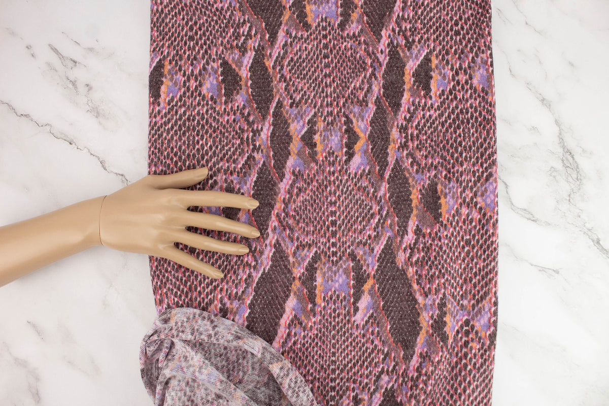 Pink and Brown snake print open weave sweater knit fabric 1.5 yards