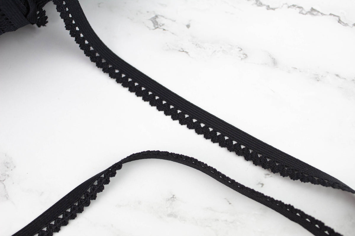 Black Fancy Picot Elastic Trim Lingerie Trim 1/2 inch width x 10 yards