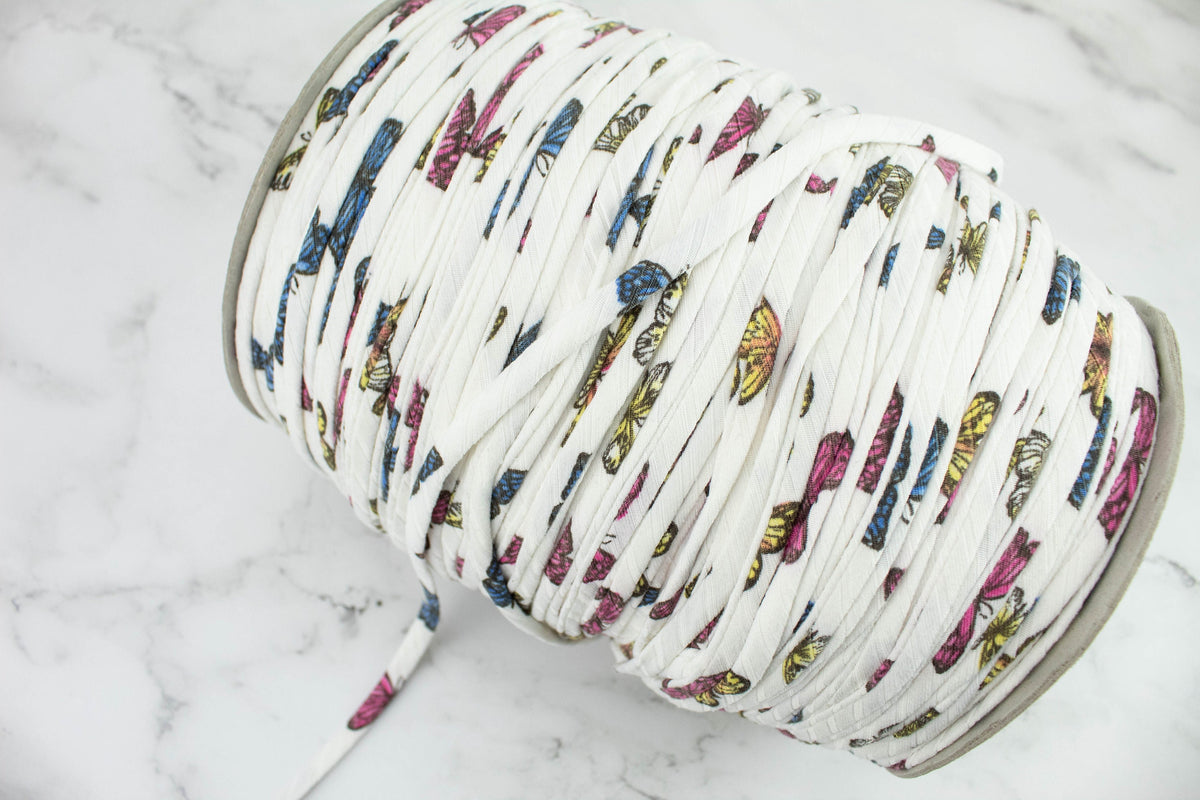 Butterfly Print Rib Knit Trim Spaghetti Straps Hollow Tube Tubular Trim 10 yards