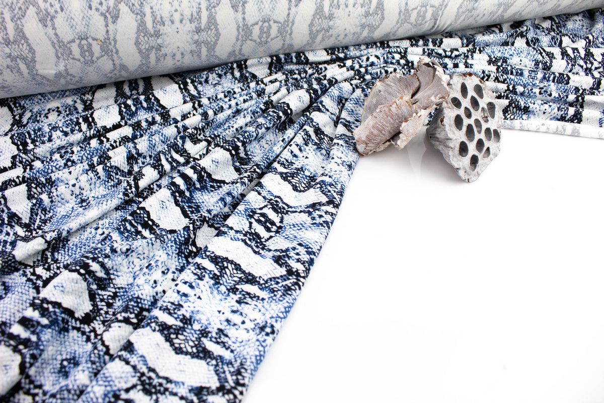 Blue Snakeskin Print Brushed Polyester Spandex Knit Jersey Fabric by the yard