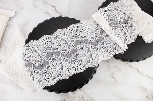 White Floral Stretch Lace Trim 5.75 inches width by the yard