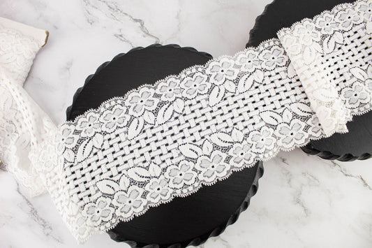 Off White Floral Stretch Lace Trim 5.25 inches width by the yard