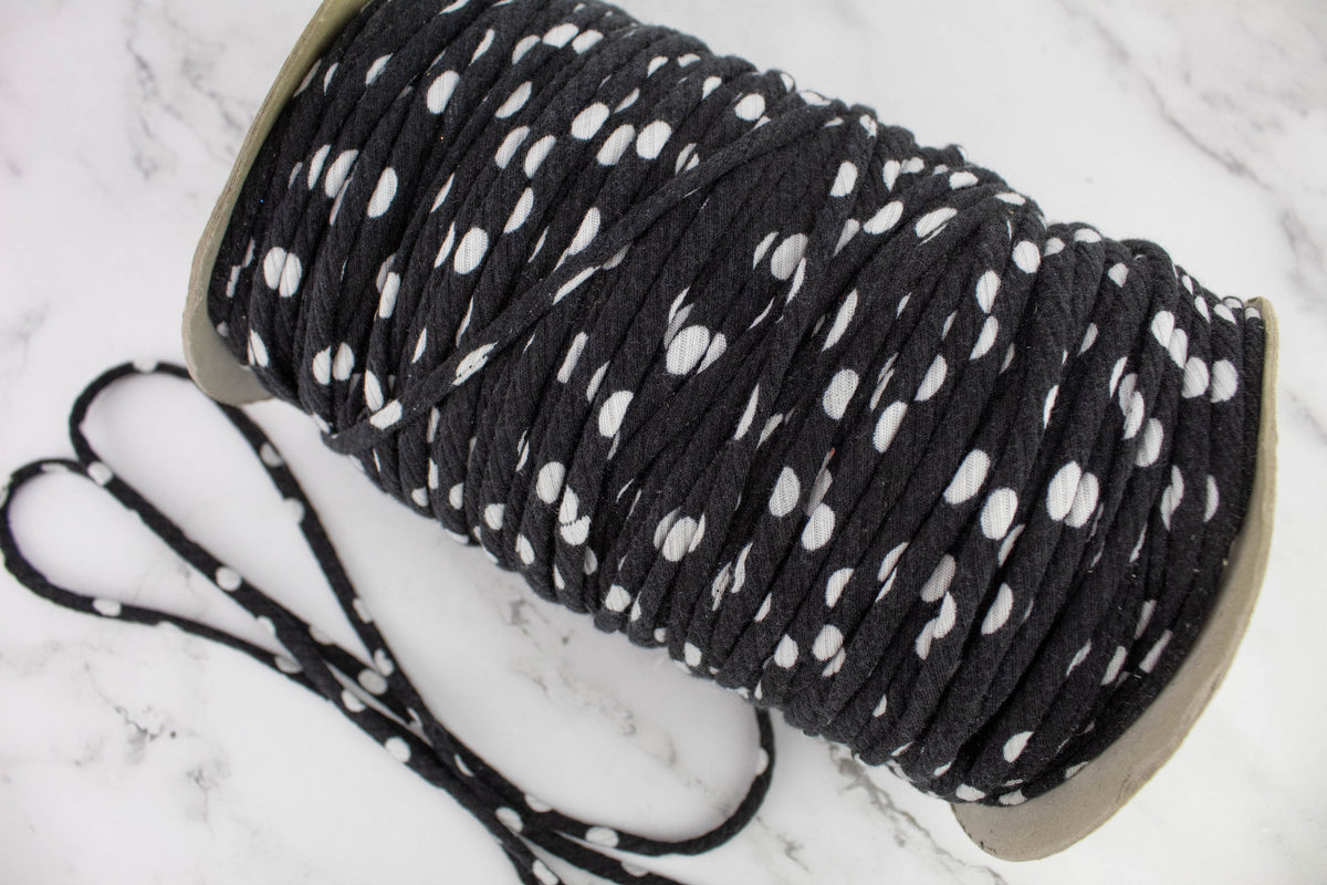 Black and white Polka dot Rib Knit Trim Spaghetti Straps Hollow Tube Tubular Trim 10 yards