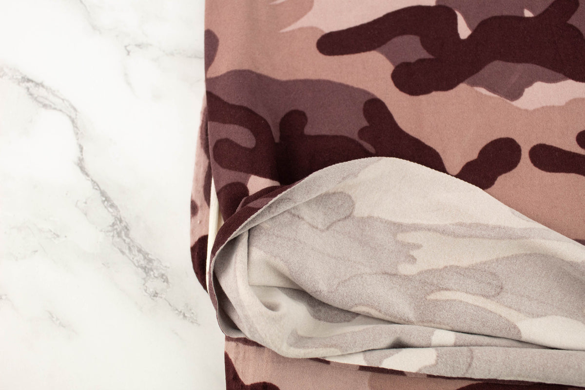 Maroon Camouflage Print Brushed Polyester Spandex Knit Fabric 32 inches length