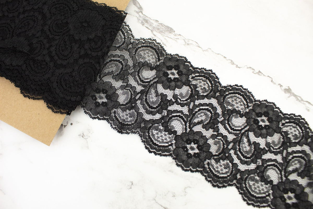 Black Floral Lace Trim Remnant 3-7/8 inches width x 5 yards