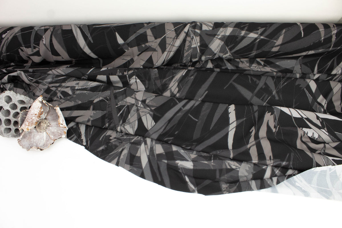 Warm Gray Leaves Print Light Weight Polyester Crepe Woven Designer Fabric Remnant 2.75 yards