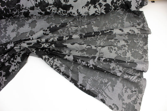 Black and White Floral Checkered Light Weight Woven Burnout Designer Fabric by the yard