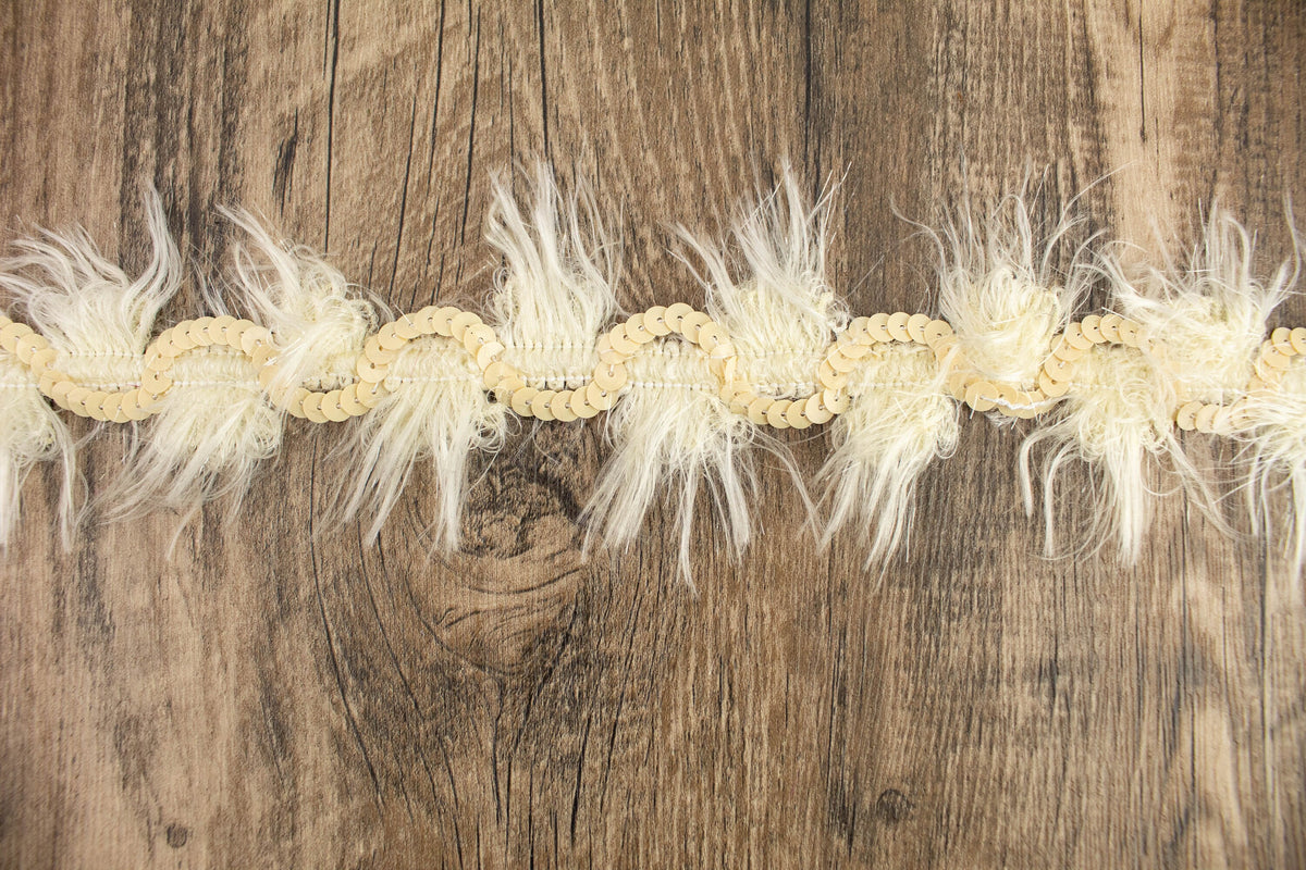 Buttercream Sequined Faux Fur Trim Remnant 1 yard 29 inches