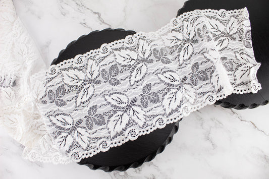 White Leaves Stretch Lace Trim 6.25 inches width by the yard