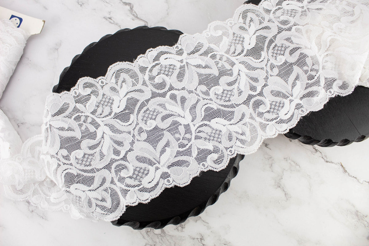 White Floral Stretch Lace Trim 6 inches width Remnant 3.5 yards