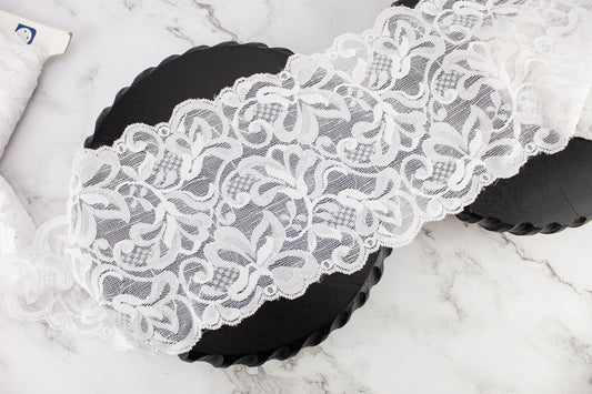 White Floral Stretch Lace Trim 6 inches width Remnant 3.5 yards