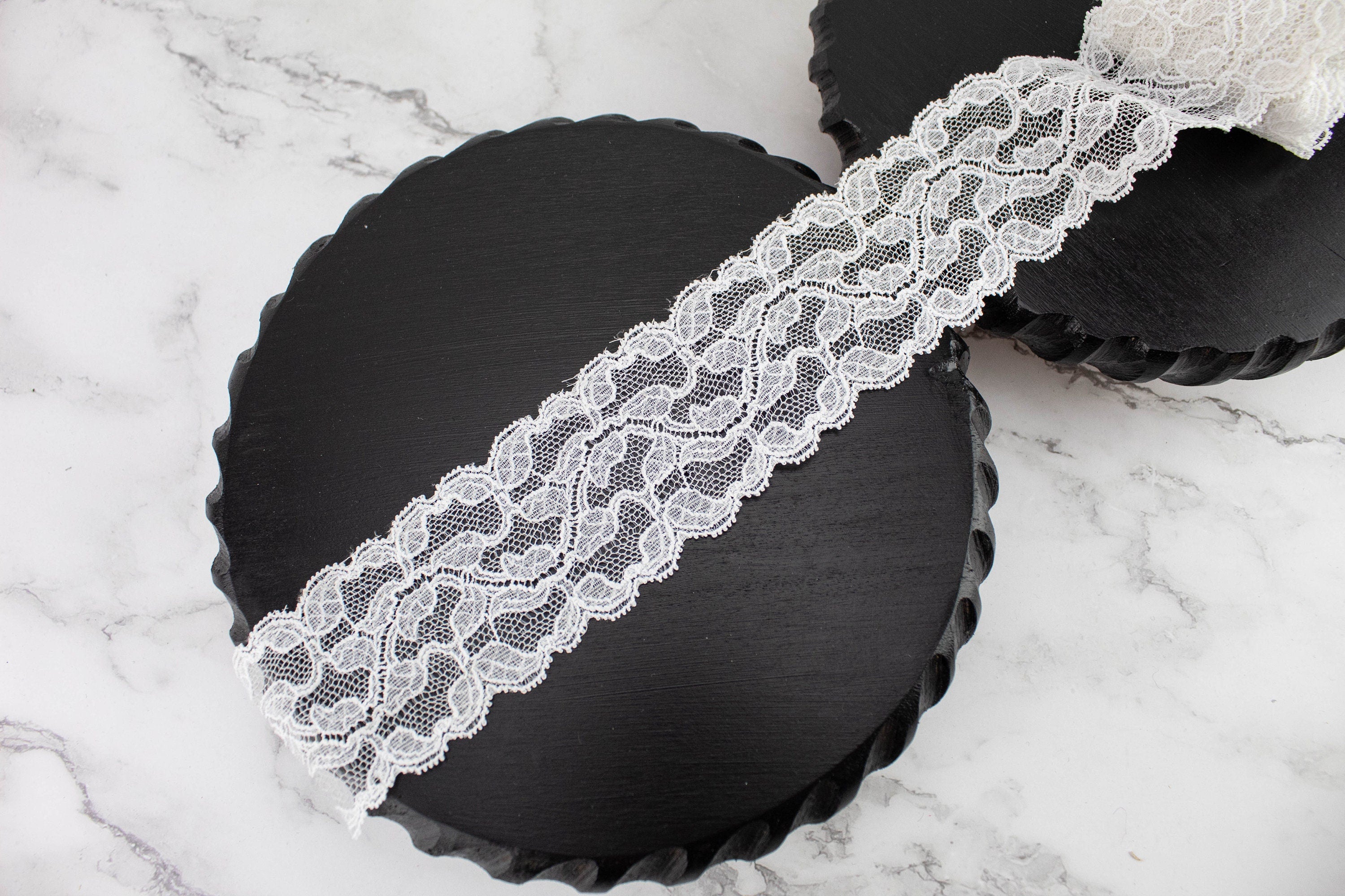 Lace, Stretch Lace, 9 Black with Silver Floral Stretch Lace, 9 inch