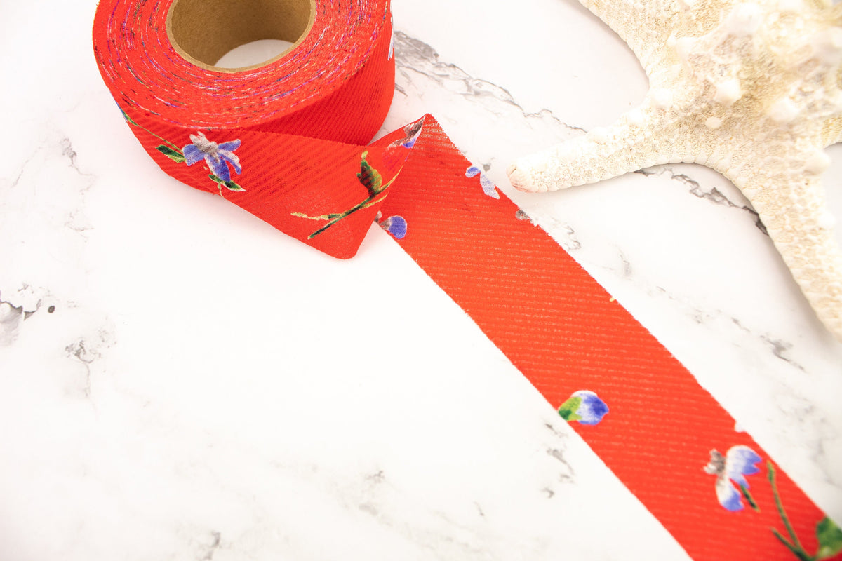 Red Orange Floral Narrow Stripe Woven Bias Tape 1.25 inches width x 24 yards