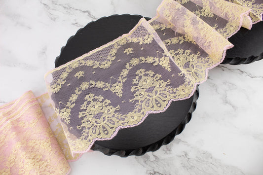 Pink and Champagne Gold Lace Trim Remnant 5.25 inches width x 5 yards
