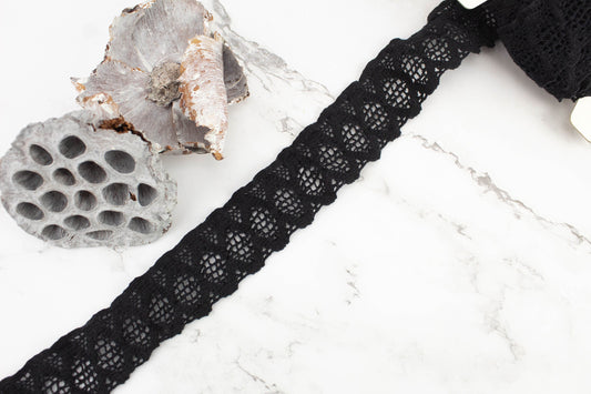 Black Crochet Like Stretch Lace Trim Remnant 1.5 inches width x 6 yards