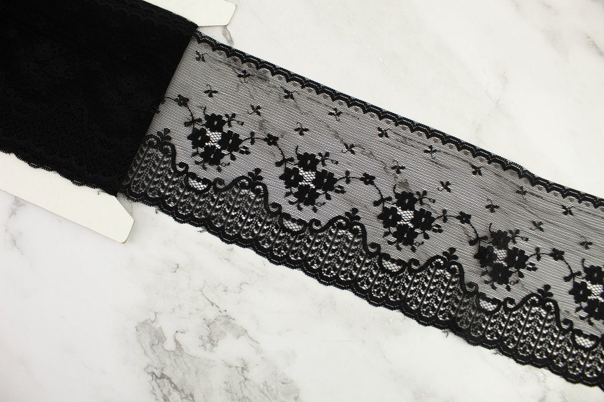 Black Floral Lace Trim Remnant  5.5 inches width x 4.5 yards