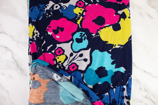Magenta Turquoise Multi Floral Knit Jersey Fabric Remnant 3 yards