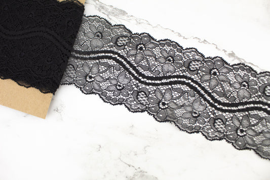 Black Floral Lace Trim Remnant 3.5 inches width x 4.75 yards