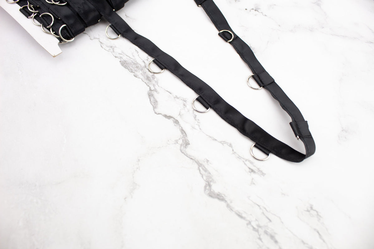 Nickel D Ring Tape Medium on Black Satin Trim by the yard