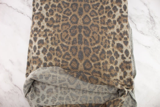 Brown Leopard Print Brushed Fleece Like Sweater Knit Fabric Remnant 1.5 yards