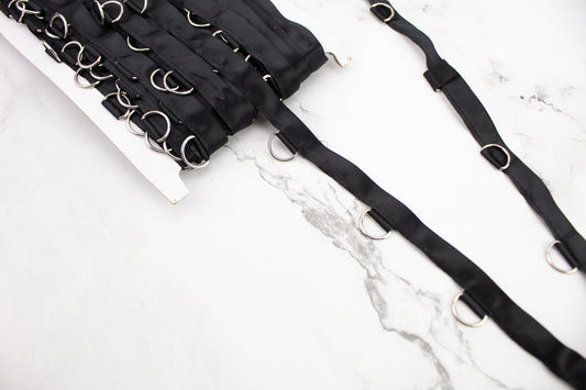 Nickel D Ring Tape Medium on Black Satin Trim by the yard