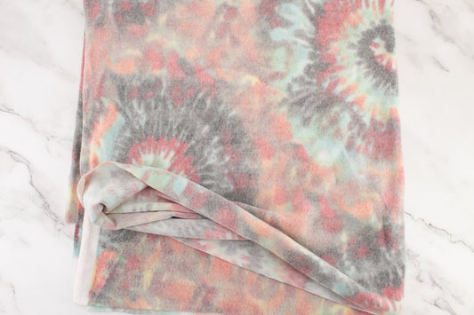 Red Multi Tie Dye Swirl Like Print Brushed Fleece Like Sweater Knit Fabric Remnant 3/4 yard