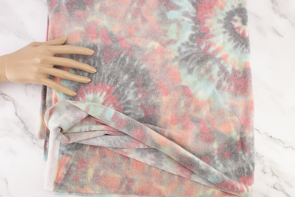 Red Multi Tie Dye Swirl Like Print Brushed Fleece Like Sweater Knit Fabric Remnant 3/4 yard