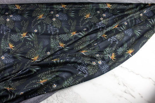 Birds of Paradise Tropical Print Knit Jersey Fabric Designer Fabric Yoga Fabric by the yard